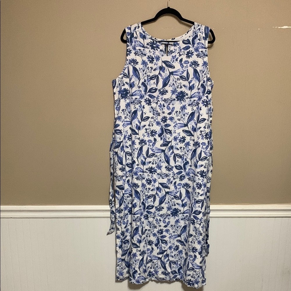 KIM ROGERS Women’s Linen-Blend Floral Blue/White Maxi Dress Lagenlook Cottage XL